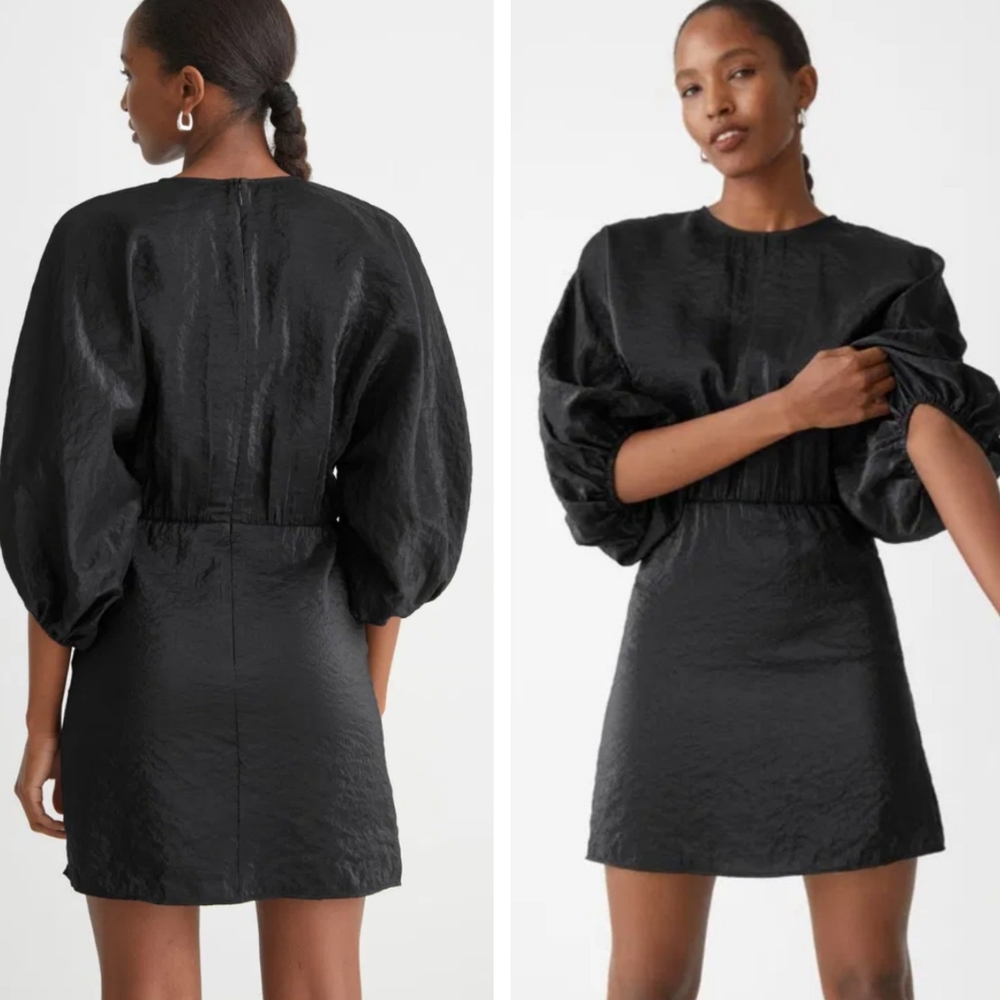 & Other Stories Stockholm Atelier Voluminous Sleeve black mini dress  Crinkle